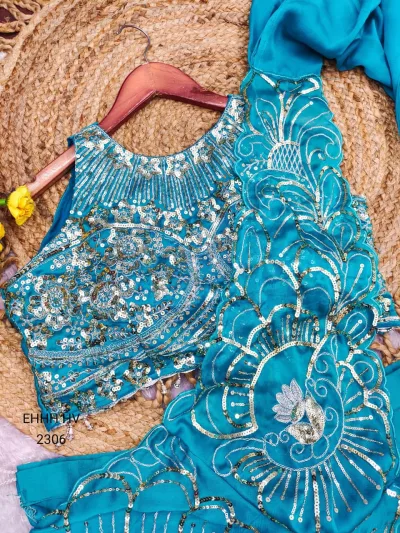 Bebo Blue Leafy Drape Pre-draped Indo-Western Rangoli Silk Lehenga Set